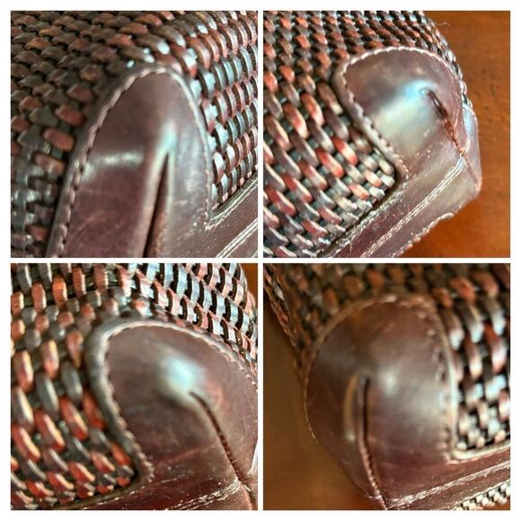 BRIGHTON - Vtg Two-Tone Brown Woven Leather Shoulder Bag/Croc-Embossed Closure - Picture 6 of 16